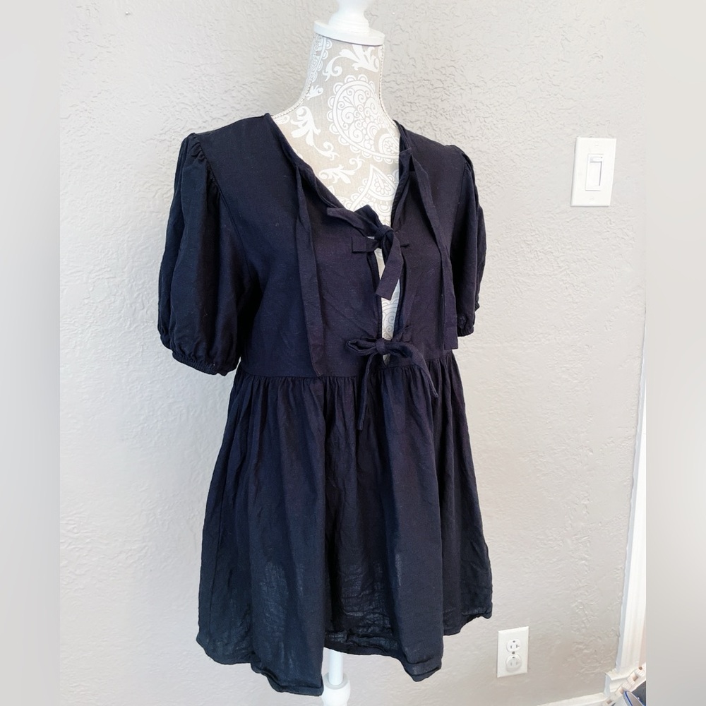 MVN women’s black tie bow mini dress - linen blend - size m